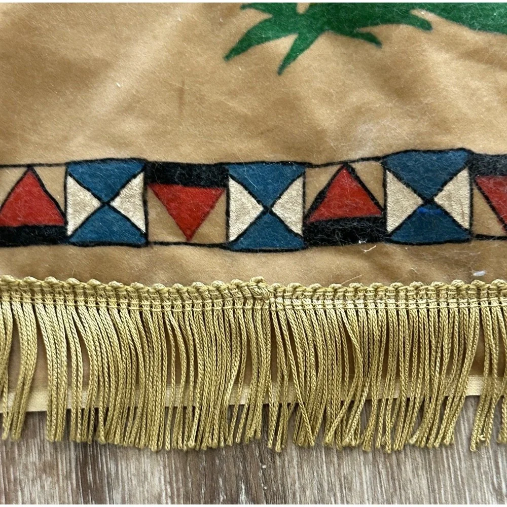 Vintage Native American on Horse Painted Velvet Cloth Wall Hanging Fringe